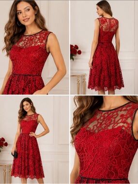 EUC Adrianna Papell Red & Black Embroidered Lace Midi Dress Size 8